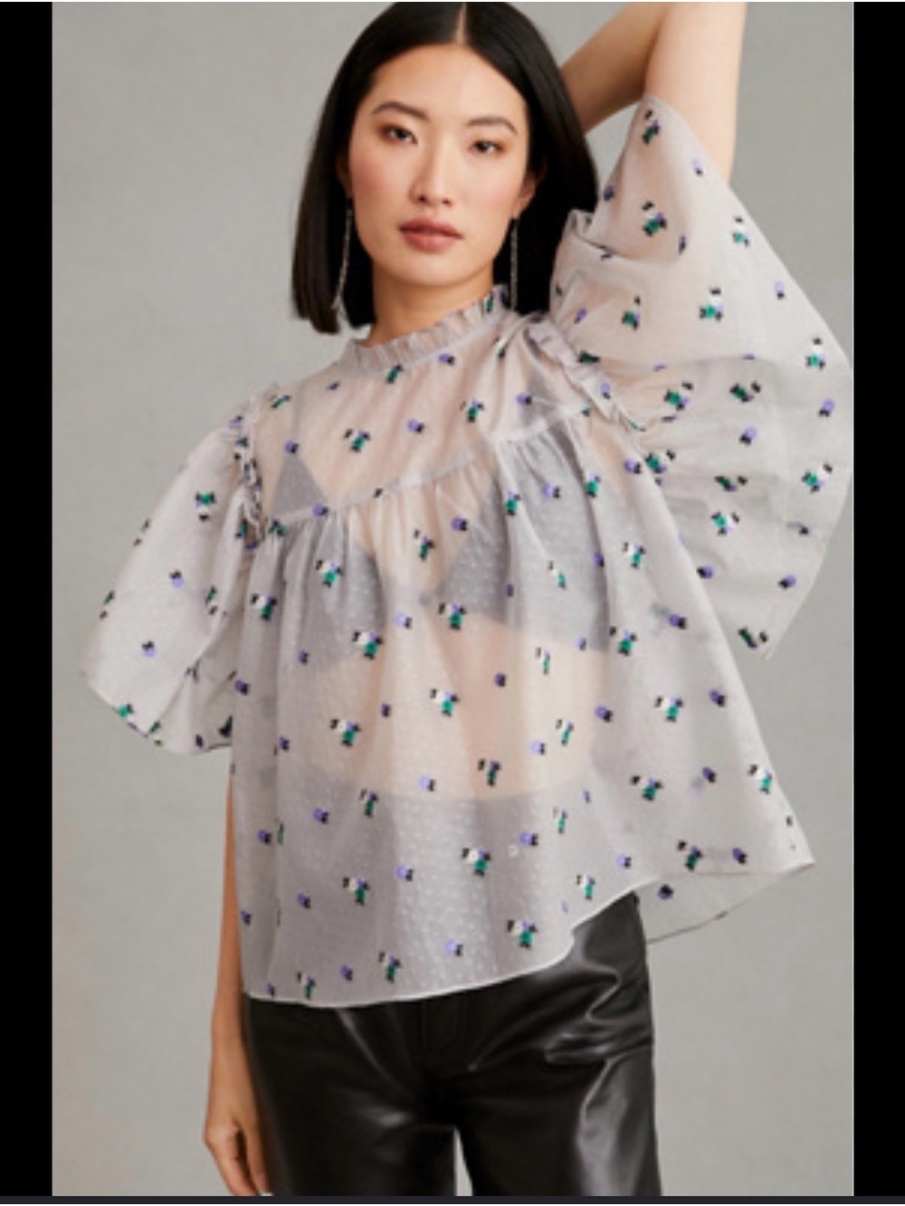 NWT Stella Nova Pen Joe Sheer Embroidered Flutter-Sleeve Blouse in Light Gray